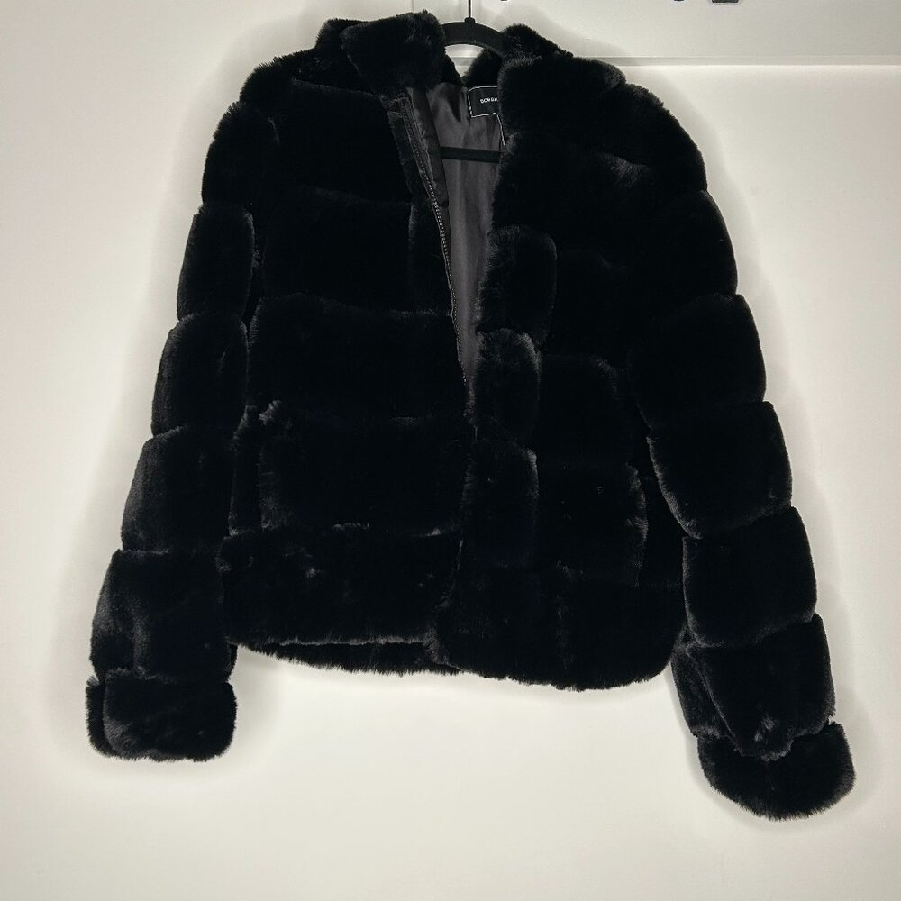 Black Faux Fur Jacket BBCBGMaxAzria - Waist Length with fur hood - Size Medium